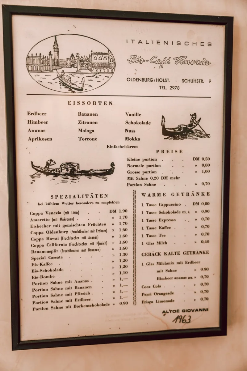 Die erste Eiskarte von Giovanni Altoe aus dem Jahr 1963 – mit Eissorten und Preisen in D-Mark